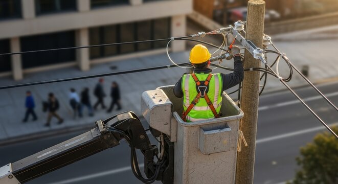 Utility worker in safety gear repairing power lines from bucket lift on pole