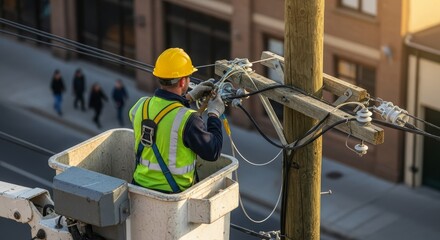 Utility worker in a bucket lift repairing power lines on a wooden pole, high angle view