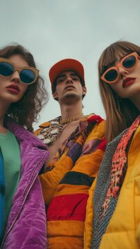 Stylish young adults wearing vibrant, colorful fashion with a retro feel. Posing together for a fun and trendy .