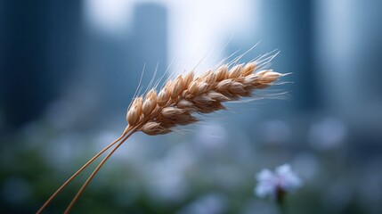 A close up of a golden wheat stalk against a soft blue bokeh background with a single small flower