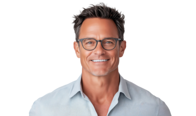 Confident and smiling senior man in glasses, looking handsome, isolated on transparent background