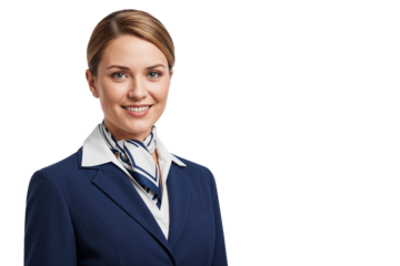 Friendly female flight attendant in uniform, concepts of travel, hospitality, and customer service, isolated on white background
