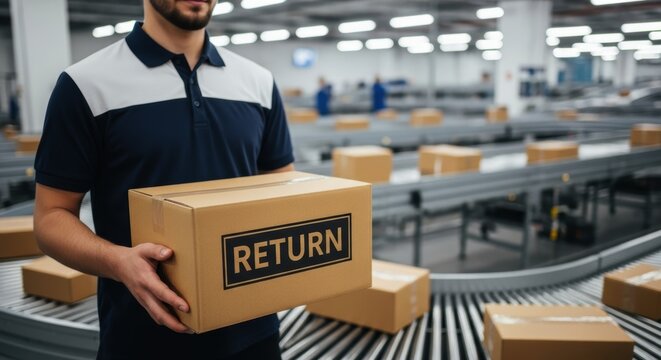 Professional delivery man holding a brown cardboard box labeled return in a sorting facility.