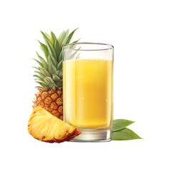 Refreshing glass of golden pineapple juice with fresh pineapple fruit and slice isolated on transparent background