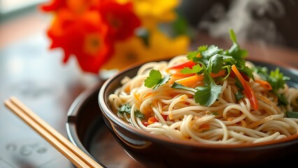 Steaming Pho noodles with fresh herbs on lacquer tray, representing Vietnam's inviting National Day cuisine.