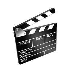 Obraz premium Classic black and white clapperboard isolated on a dark background for film production use