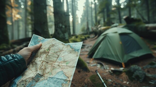 Individual holding a detailed map in a serene forest setting, with a green camping tent in the background, surrounded by tall trees and natural elements, exploring outdoor adventure