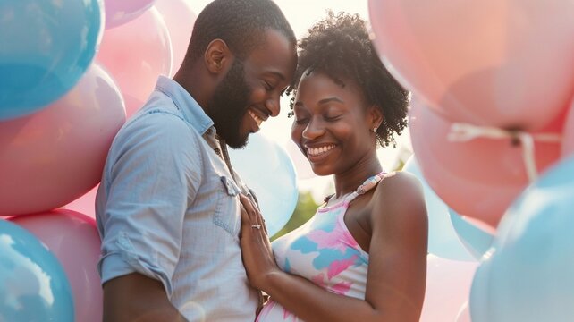 African American couple smiling and embracing among colorful balloons, showcasing love and joy in a festive atmosphere, celebrating a special moment together - Powered by Adobe