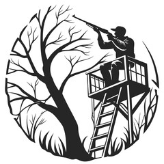 Silhouette shows hunter aiming rifle from platform, enveloped by bare tree and grassy meadow