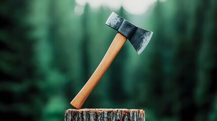 a wooden, iron axe stuck in a stump against the background of a forest. The woodcutter's axe