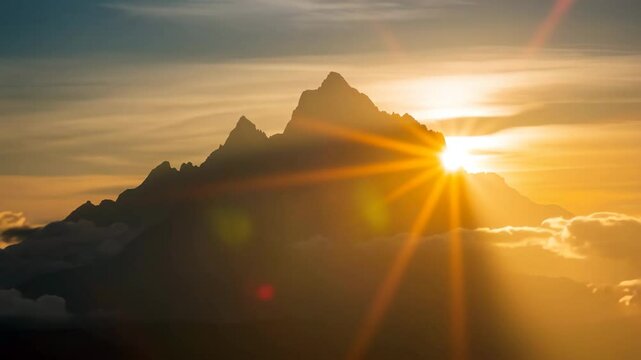 Cinematic slow zoom-in on mountain silhouette as the sun sets directly behind it