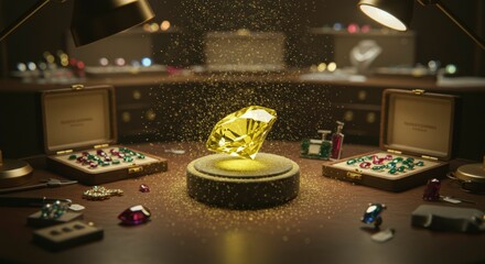 A large, radiant gemstone displayed on a rotating stand amidst various jewels and tools in a dimly lit workshop