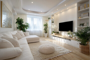Bright living room with white couch, plants, tv, rug, and shelves in a modern interior design style
