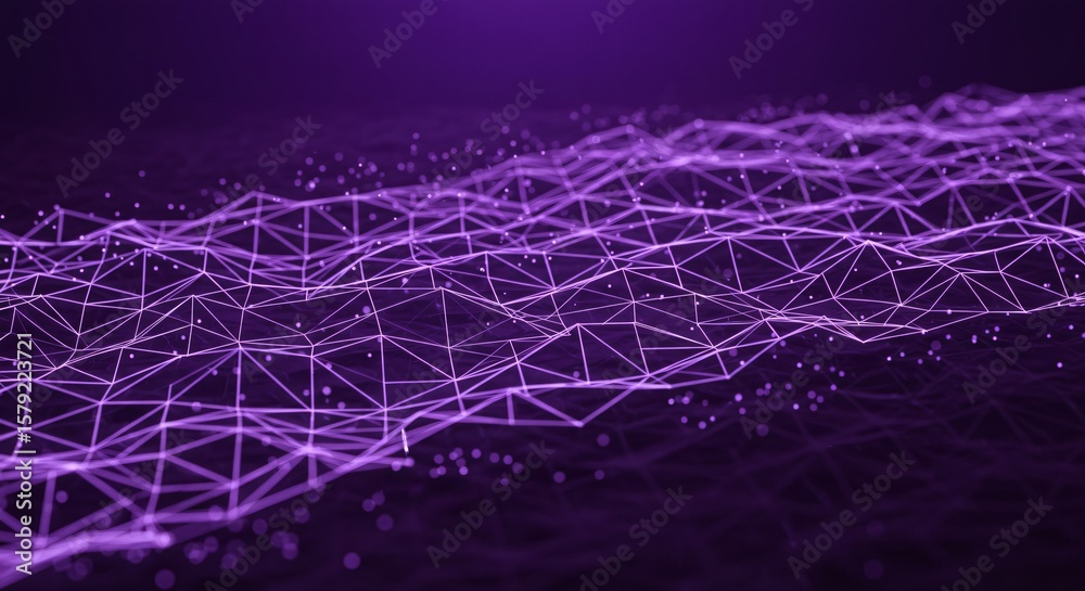 Poster purple abstract network with connecting lines and dots creating a digital landscape view