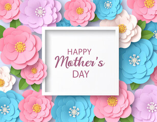 Happy Mother's Day Calligraphy with Pink Roses Over Rustic Wood Background .A floral poster for mother's day, flower design on pink and blue background with happy .
