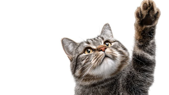 Adorable tabby cat raising paw on transparent background