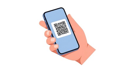 Illustration of hand holding smartphone displaying QR code for scanning process