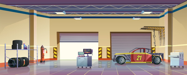 Racing garage, technical room for repair and maintenance of sports cars. Racing workshop with racks and equipment, crane-lift with hook, frame of car, computer equipment for diagnostics of car units.