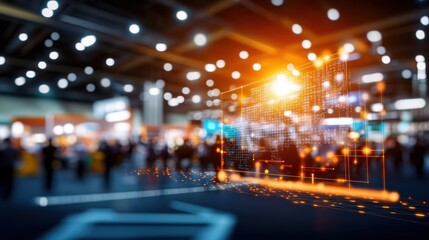 Vibrant futuristic cityscape with glowing digital network lines and bright light displays at night