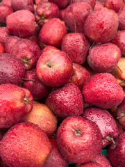 water drops on fresh, ripe red apple fruits