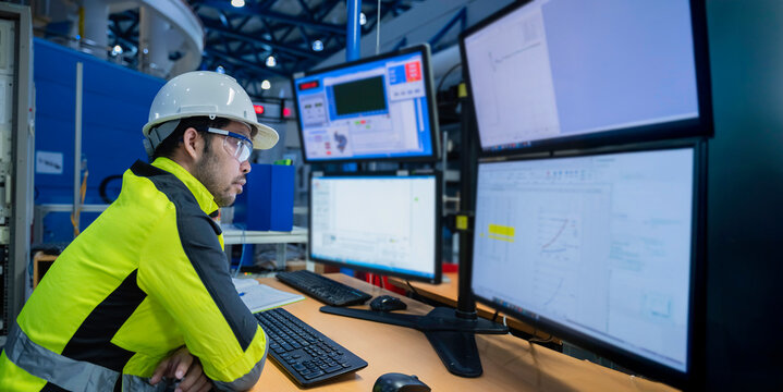 Engineer working at control room,Manager control system,Technician man monitoring program from a lot of monitor - Powered by Adobe