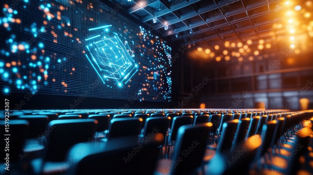 Poster futuristic digital technology conference room with large screen displaying blockchain and data visua