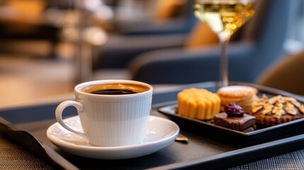 Fototapeta premium Elegant coffee and dessert display on a tray in a modern café with blurred background ambiance