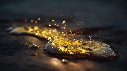 Naklejka premium A golden liquid splash with bokeh effect on a dark surface creating a magical and elegant atmosphere