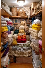 Fototapeta premium Cozy craft closet organization colorful yarn collection home storage interior inspiration warm environment close-up view
