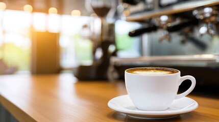 Fototapeta premium A close-up of a steaming cup of coffee on a wooden table in a vibrant café with blurred greenery
