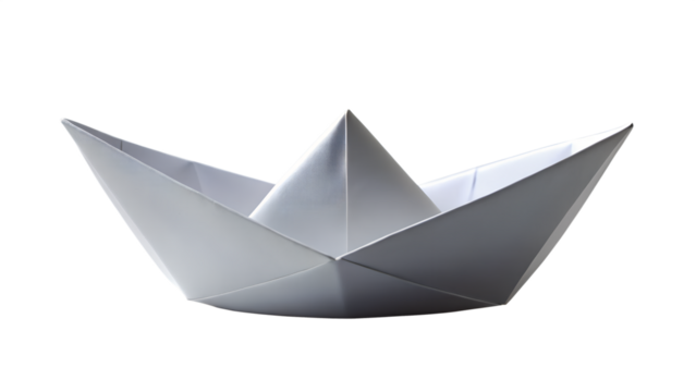 A simple white paper boat isolated on transparent background, a symbol of childhood and imagination