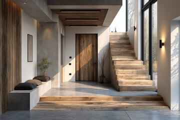 Interior view of a modern entryway with wooden door staircase and bench seating area near the wall art