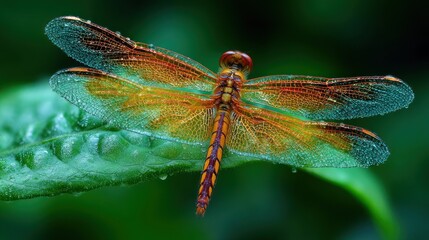 A dragonfly resting on a green leaf with water droplets on its wings in a macro shot of nature insect