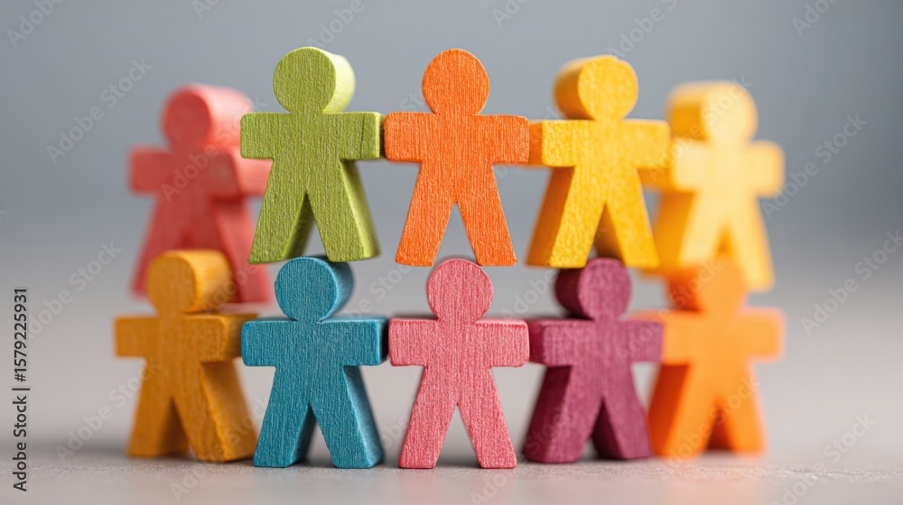 Poster an engaging display of wooden people representing teamwork and agile methodology in a modular block 