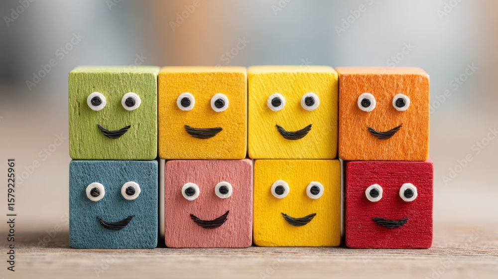 Poster a playful group of wooden blocks with eyes representing team dynamics and agile structure in a uniqu