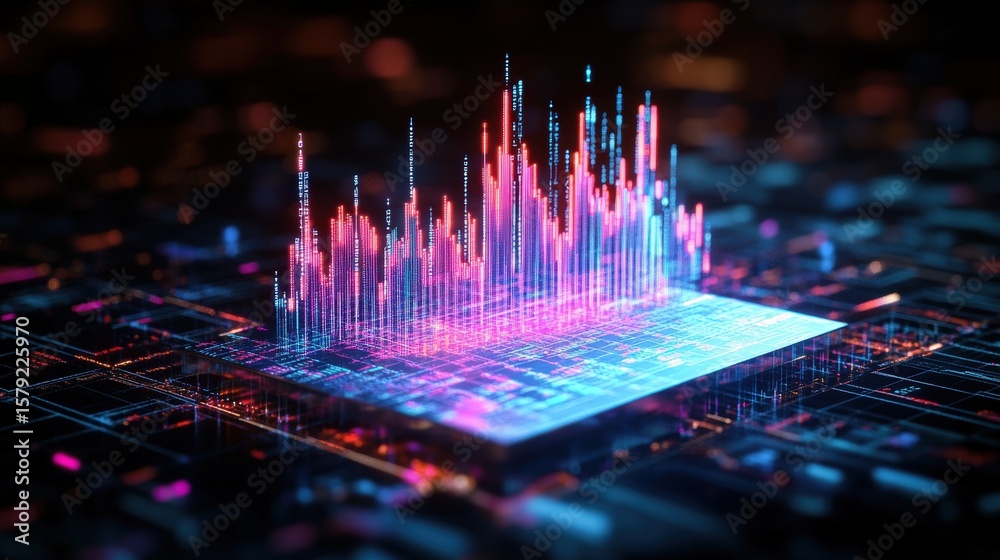 Poster high tech data visualization with bright colorful digital graphs and 3d data charts on futuristic di