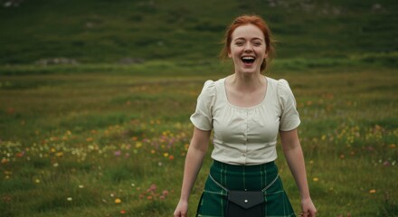 A redhead woman in a kilt laughs joyfully in a vibrant wildflower meadow, mountains softly blurring in the background