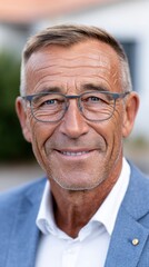 Obraz premium Mature Caucasian man with graying hair and glasses smiling wearing a blue blazer and white shirt