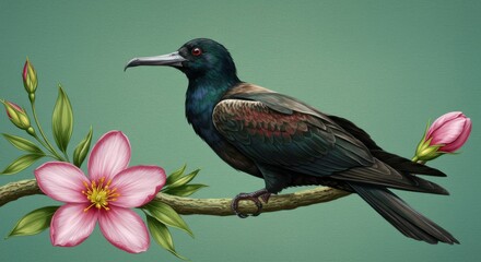 Fototapeta premium A sleek, iridescent bird perches gracefully on a flowering branch. Its dark plumage and red eyes stand out