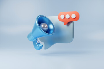 Megaphone icon inside chat speech box is advertising communication symbol 3D rendering.
