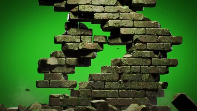 Brick wall with a large hole in the center shows a green screen background. Debris from the broken wall is scattered across the floor.

