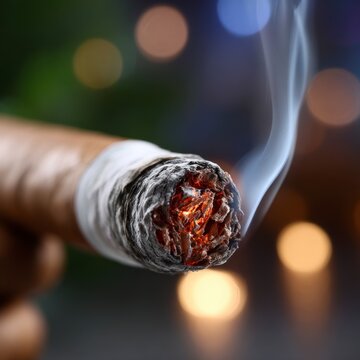 Close up macro shot of a burning cigar with smoke curling upwards and blurred bokeh lights in the background