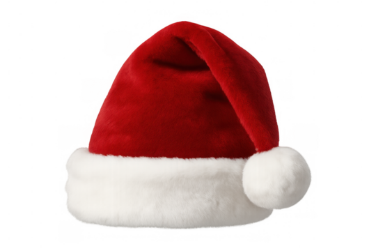 Bright red and white santa hat resting on a transparent background, ideal for enhancing christmas projects and adding festive cheer