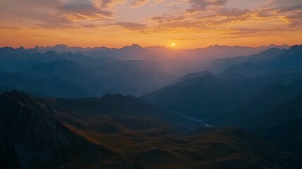 Fototapeta premium Majestic mountain range at sunrise. Vast, colorful landscape with peaks and valleys