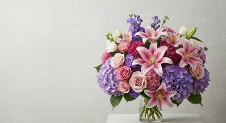 Lavish bouquet of pink, purple, and white flowers in a clear glass vase, against a light gray backdrop