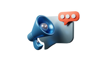 Megaphone icon inside chat speech box is advertising communication symbol 3D rendering.