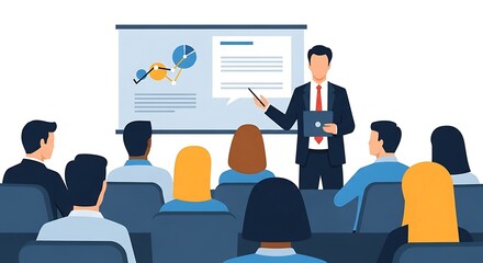 Professional business presentation with speaker and audience for corporate growth strategy