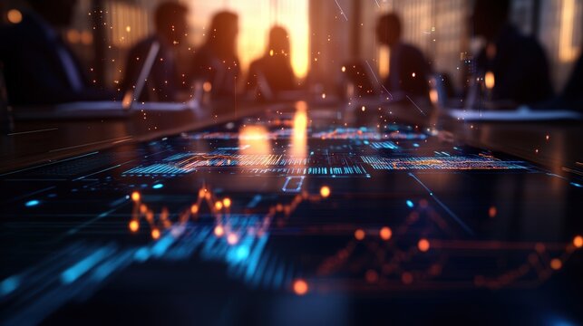 Business professionals analyzing digital financial data and graphics on futuristic virtual workspace