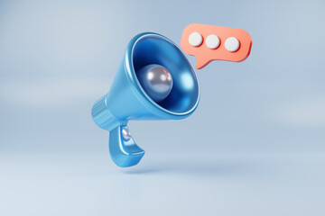 Megaphone and chat box icon is a 3D render advertising communication symbol.