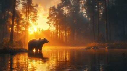 Scenic Wilderness with a Bear Fishing in the Water